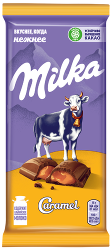 Шоколад молочный MILKA с карамельной начинкой, 90г, крупный план