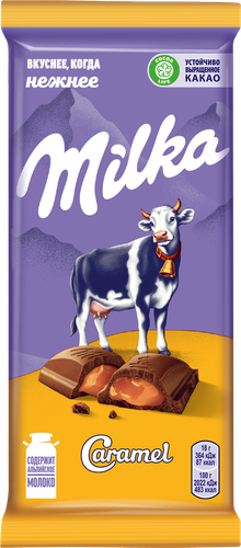 Шоколад молочный MILKA с карамельной начинкой, 90г, крупный план