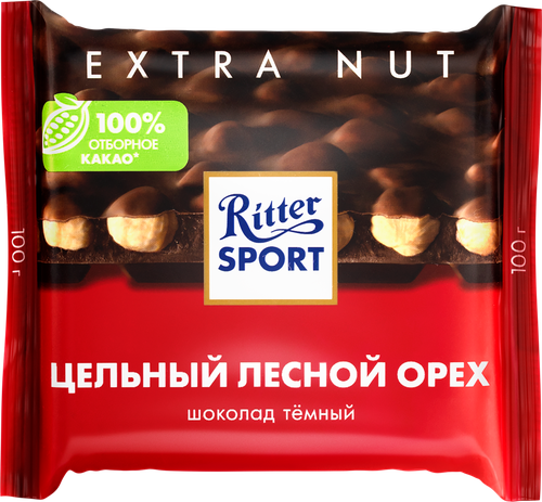 Шоколад темный RITTER SPORT Цельный лесной орех, 100г, крупный план
