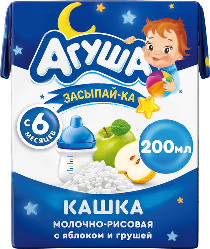 Кашка рисовая детская АГУША Засыпай-ка молочная 2,7%, с яблоком и грушей, с 6 месяцев, 200мл, вид