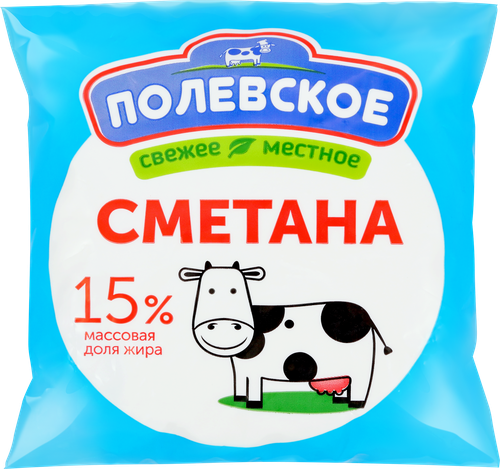 Сметана ПОЛЕВСКОЕ 15%, без змж, 500г, крупный план