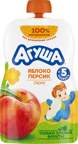 Пюре фруктовое АГУША Яблоко и персик, с 6 месяцев, 90г, крупный план