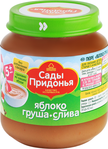 Пюре фруктовое САДЫ ПРИДОНЬЯ Яблоко, груша, слива, с 5 месяцев, 120г, фотография
