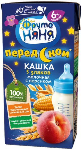 Кашка мультизлаковая ФРУТОНЯНЯ молочная, с персиком и пребиотиками, с 6 месяцев, 200мл, крупный план