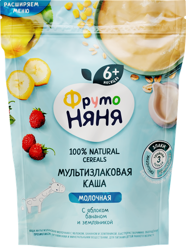 Каша мультизлаковая ФРУТОНЯНЯ молочная, с яблоком, бананом и земляникой, с 6 месяцев, 200г, фото