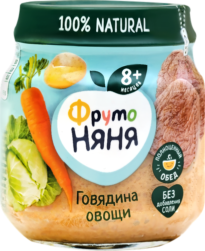 Пюре мясо-растительное ФРУТОНЯНЯ Говядина с овощами, с 8 месяцев, 100г, крупный план