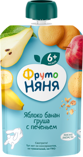 Пюре фруктовое ФРУТОНЯНЯ Яблоко, банан и груша, с печеньем, с 6 месяцев, 90г, фото