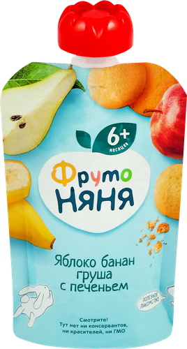 Пюре фруктовое ФРУТОНЯНЯ Яблоко, банан и груша, с печеньем, с 6 месяцев, 90г, детальное фото