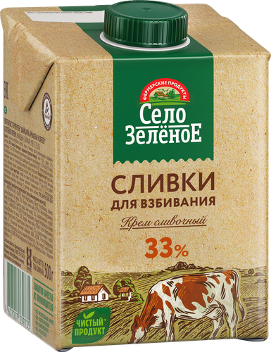Сливки для взбивания ультрапастеризованные СЕЛО ЗЕЛЕНОЕ 33%, без змж, 500г, фотография