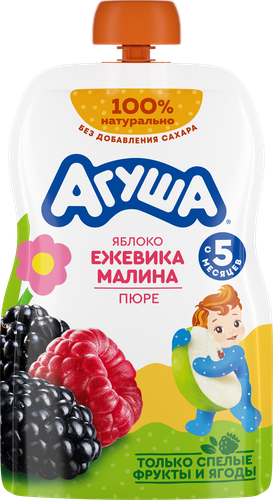 Пюре фруктово-ягодное детское АГУША Яблоко, ежевика, малина, с 5 месяцев, 90г, детальное фото