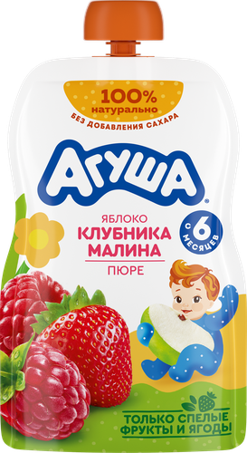 Пюре фруктово-ягодное детское АГУША Яблоко, клубника, малина, с 6 месяцев, 90г, изображение