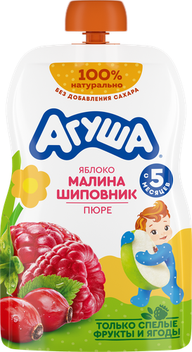 Пюре фруктовое детское АГУША Яблоко, малина, шиповник, с 5 месяцев, 90г, фотография