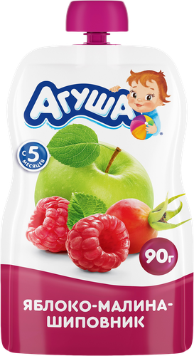 Пюре фруктовое детское АГУША Яблоко, малина, шиповник, с 5 месяцев, 90г, изображение
