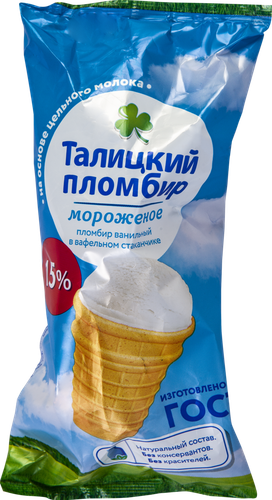 Мороженое ТАЛИЦКИЙ ПЛОМБИР Пломбир на сливках, ГОСТ, без змж, вафельный стаканчик, 75г, детальное фото