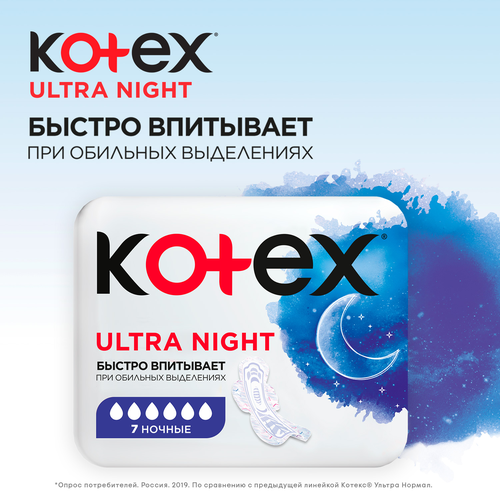 Прокладки KOTEX Ultra Dry&Soft Night Absorbent Ultra с крылышками, 7шт, картинка