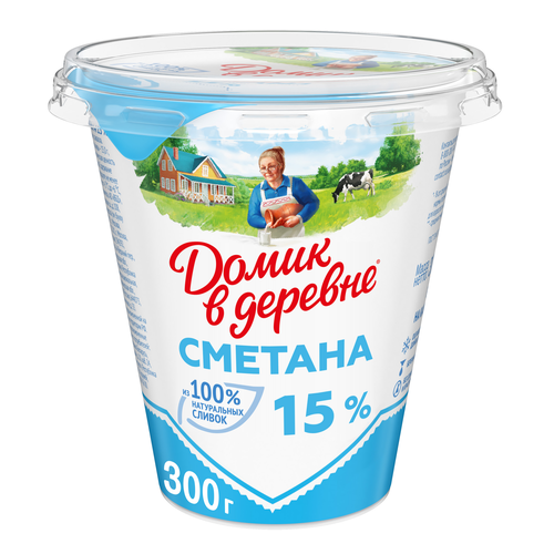 Сметана ДОМИК В ДЕРЕВНЕ 15%, без змж, 300г, вид