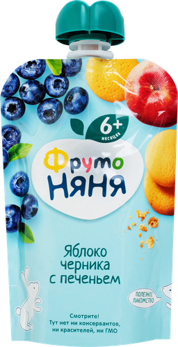 Пюре фруктовое ФРУТОНЯНЯ Яблоко и черника, с печеньем, с 6 месяцев, 90г, изображение