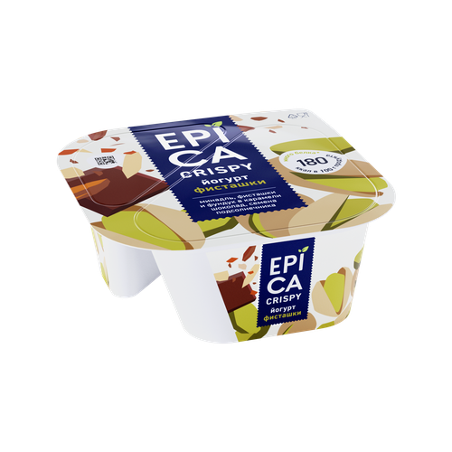 Йогурт EPICA Crispy Фисташки, семена подсолнечника, темный шоколад 10,5%, без змж, 140г, крупный план