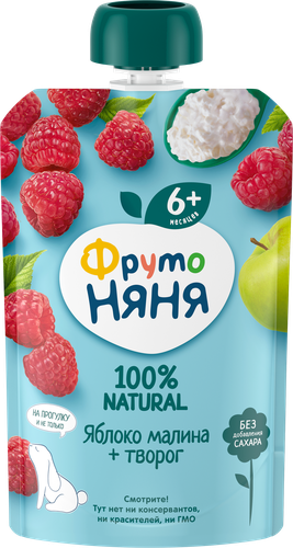 Пюре фруктово-творожное ФРУТОНЯНЯ Яблоко, малина, творог, с 6 месяцев, 90г, фотография