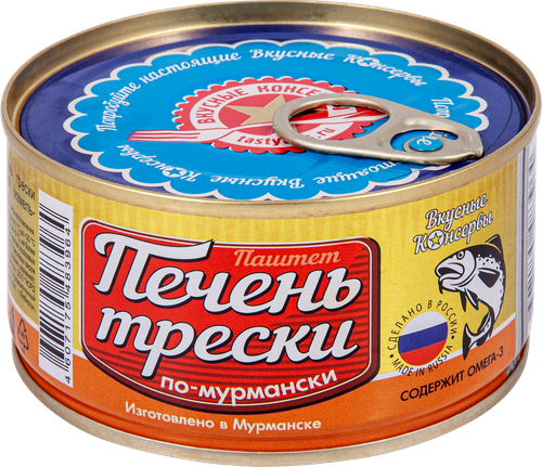 Печень трески ВКУСНЫЕ КОНСЕРВЫ По-мурмански, 185г, крупный план