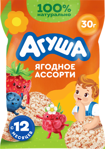 Хлебцы рисовые детские АГУША Полезный перекус Ягодное ассорти, с 12 месяцев, 30г, детальное фото