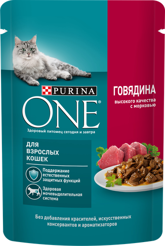 Корм влажный для взрослых кошек PURINA ONE Adult с говядиной и морковью в соусе, 75г, фотография