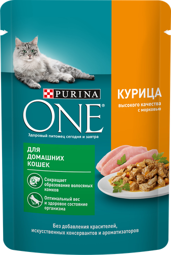 Корм влажный для взрослых кошек PURINA ONE Housecat с курицей и морковью в соусе, 75г, детальное фото