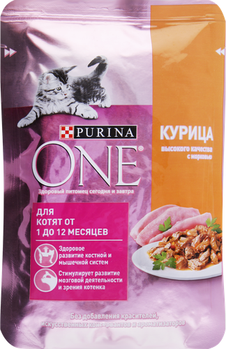 Корм влажный для котят PURINA ONE Kitten с курицей и морковью в соусе, 75г, фотография