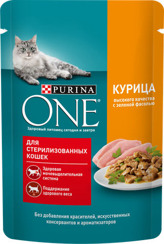 Корм влажный для взрослых кошек PURINA ONE Sterilised с курицей и зеленой фасолью в соусе, 75г, детальное фото