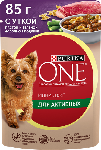 Корм влажный для взрослых собак PURINA ONE Mini Активная Утка, паста и зеленая фасоль в подливе, 85г, изображение