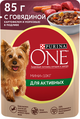 Корм влажный для взрослых собак PURINA ONE Mini Активная Говядина, картофель, морковь в подливе, 85г, картинка