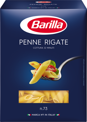 Макароны BARILLA Penne Rigate n.73 из твердых сортов пшеницы группа А высший сорт, 450г, крупный план