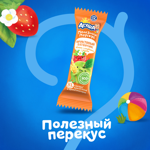 Батончик фруктово-злаковый детский АГУША Яблоко, клубника и злаки, с 12 месяцев, 15г, фотография