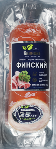 Колбаса копчено-вареная КАЛИНКА Сервелат Финский, 250г, крупный план