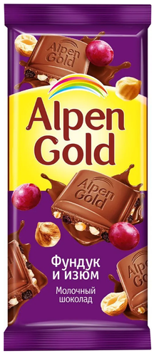 Шоколад молочный ALPEN GOLD с фундуком и изюмом, 80г, фотография