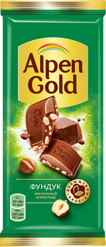 Шоколад молочный ALPEN GOLD с дробленым фундуком, 80г, вид
