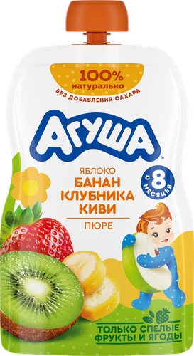 Пюре фруктово-ягодное детское АГУША Яблоко, банан, клубника и киви, с 8 месяцев, 90г, фото