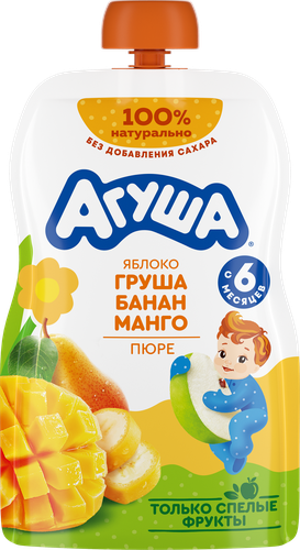 Пюре фруктовое детское АГУША Яблоко, груша, банан и манго, с 6 месяцев, 90г, изображение