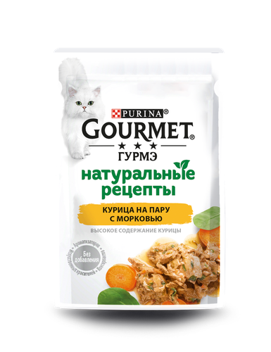 Корм консервированный для взрослых кошек ГУРМЭ Натуральные рецепты Курица на пару с морковью, 75г, фото