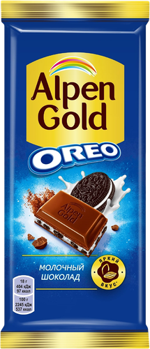 Шоколад молочный ALPEN GOLD Орео со вкусом ванили и кусочками печенья, 85г, крупный план