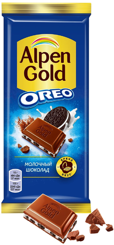 Шоколад молочный ALPEN GOLD Орео со вкусом ванили и кусочками печенья, 85г, крупный план