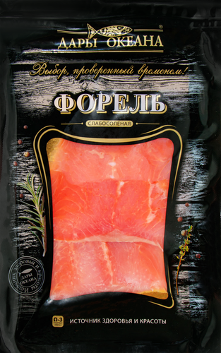 Форель слабосоленая ДАРЫ ОКЕАНА ломтики, 100г, крупный план