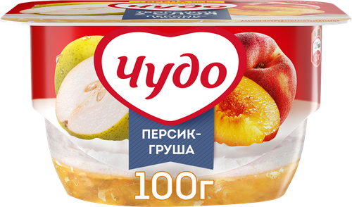 Десерт творожный ЧУДО Творожок взбитый двухслойный Персик, груша 4,2%, без змж, 100г, изображение