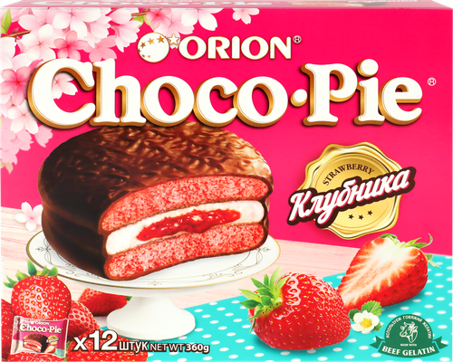 Бисквит ORION Choco Pie Strawberry, 360г, крупный план