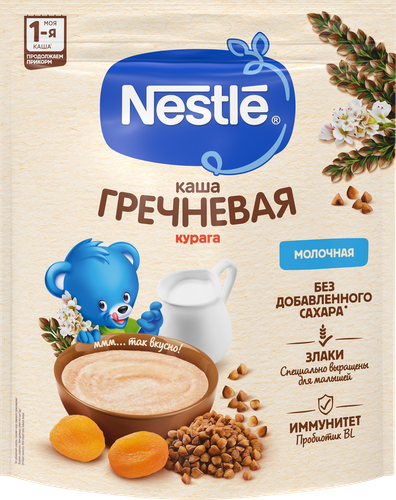 Каша гречневая NESTLE молочная, с курагой, с 5 месяцев, 200г, крупный план