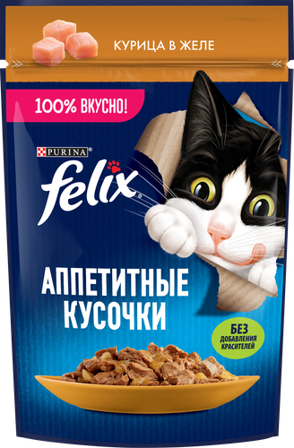 Корм влажный для взрослых кошек FELIX Аппетитные кусочки Курица в желе, 75г, фотография
