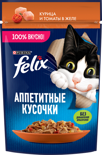 Корм влажный для взрослых кошек FELIX Аппетитные кусочки Курица и томаты в желе, 75г, фотография