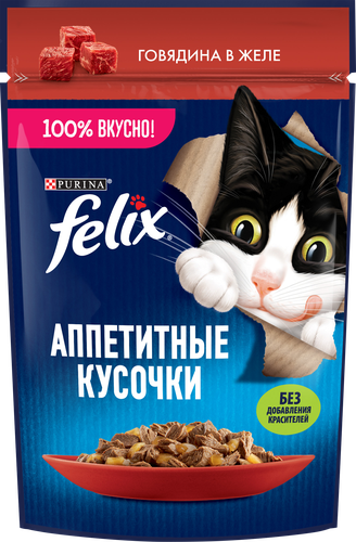 Корм влажный для взрослых кошек FELIX Аппетитные кусочки Говядина в желе, 75г, вид