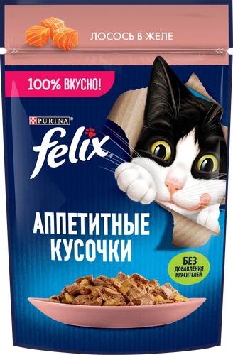 Корм влажный для взрослых кошек FELIX Аппетитные кусочки Лосось в желе, 75г, картинка
