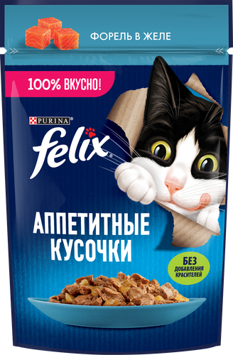 Корм влажный для взрослых кошек FELIX Аппетитные кусочки Форель в желе, 75г, крупный план